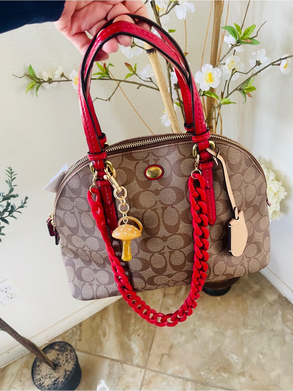 Beautiful Coach Signature Dome Satchel in Brown with Red Accents